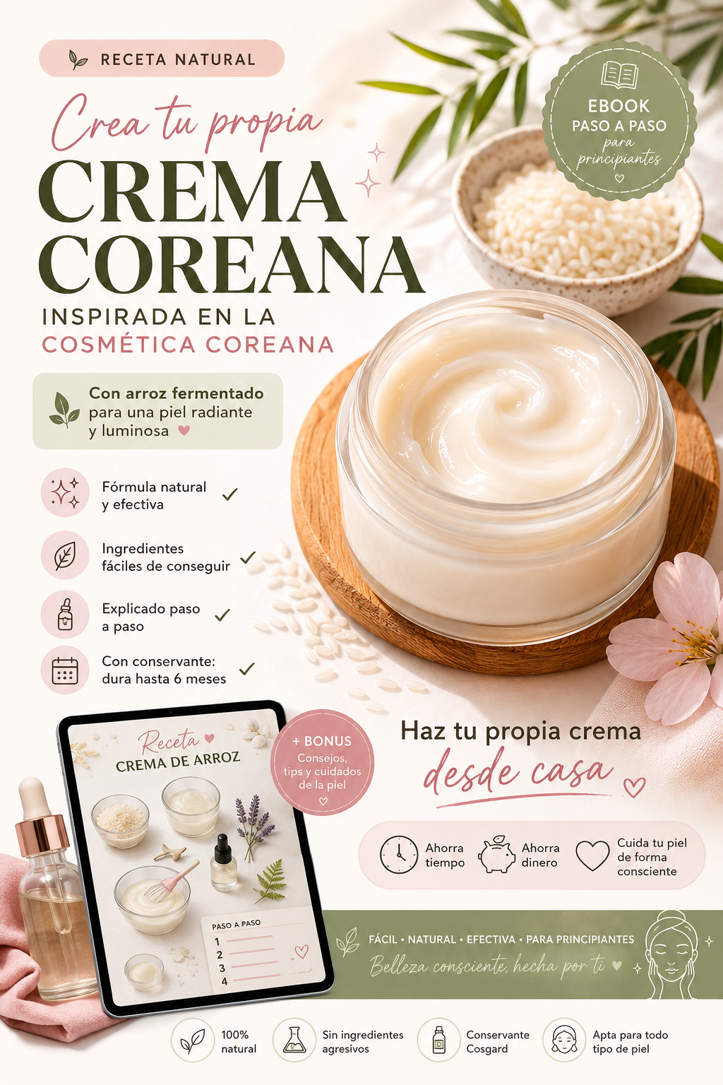 Crema de Arroz Inspirada en la Cosmética Coreana | Ebook Paso a Paso para Principiantes